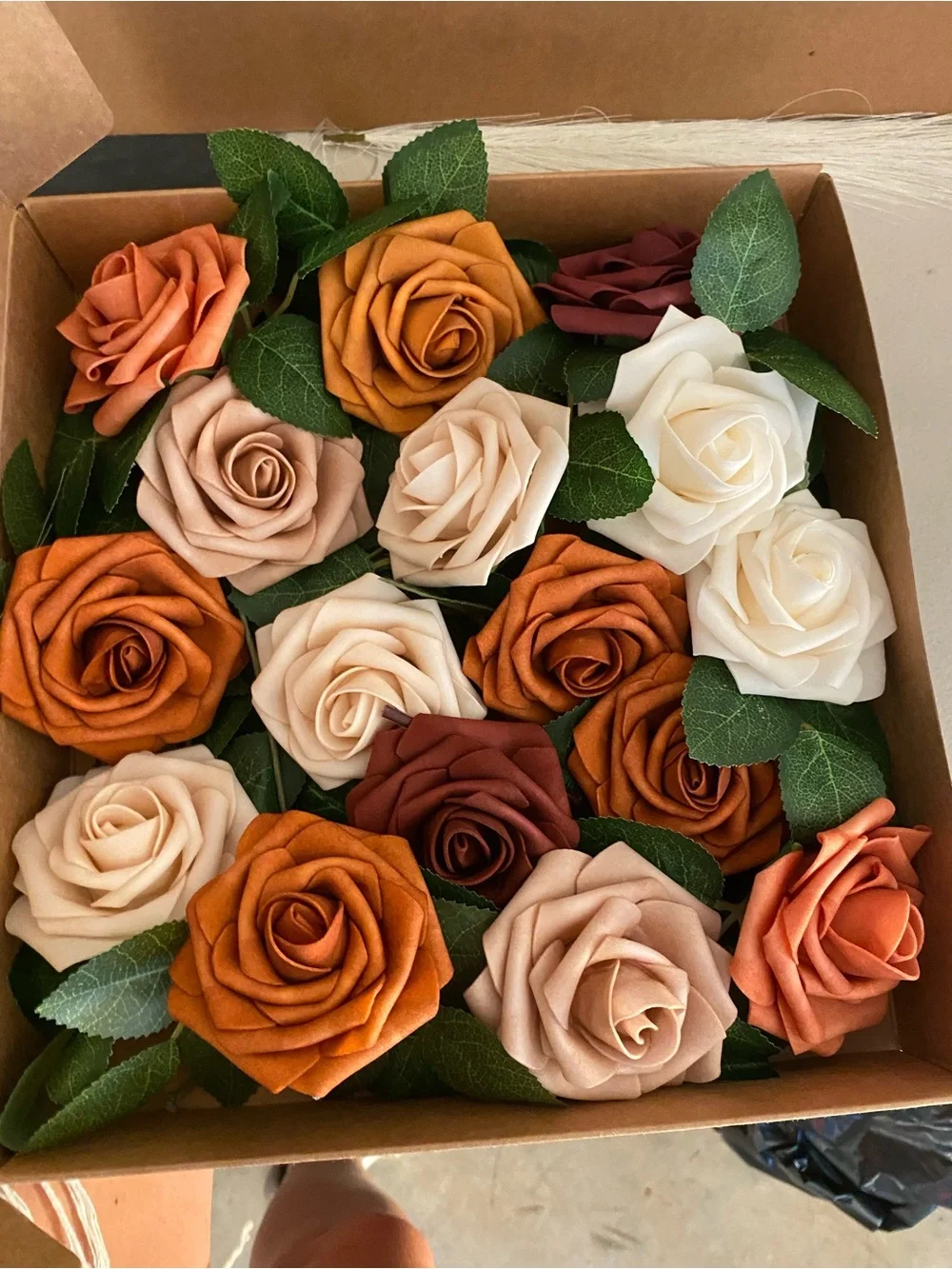 Boxed Artificial Rose Bouquet — Neutral & Burnt Orange Mix